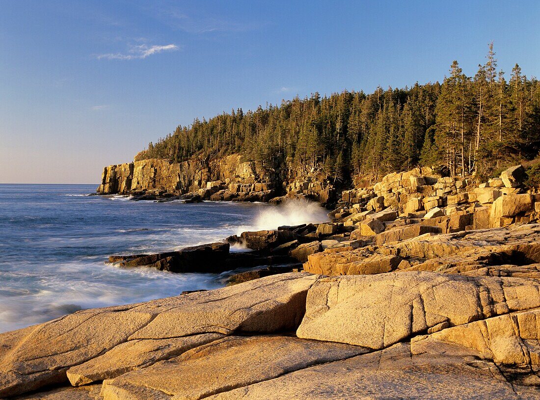 Acadia National Park located on Mount Desert Island, Maine USA which is part of scenic New England  Otter Cliff is off in the distance
