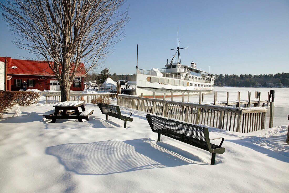 M/S Mount Washington docked in Center Harbor during the winter months  Located on Lake Winnipesaukee in New Hampshire USA, which is the largest lake in New Hampshire