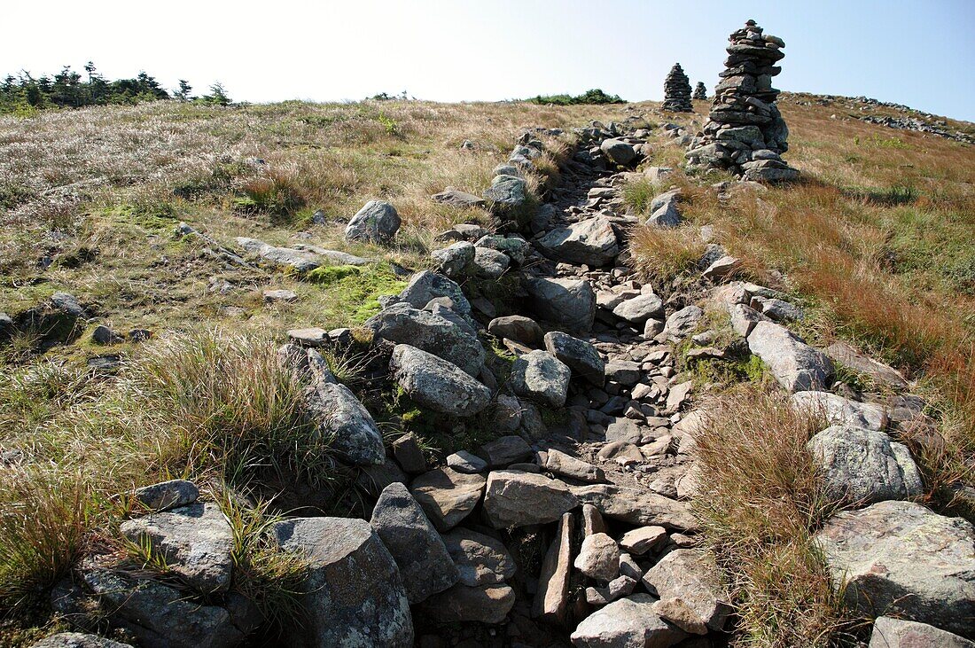 Appalachian Trail   Rock cairns near the summit of Mount Moosilauke during the summer months   Located in the White Mountains, New Hampshire USA