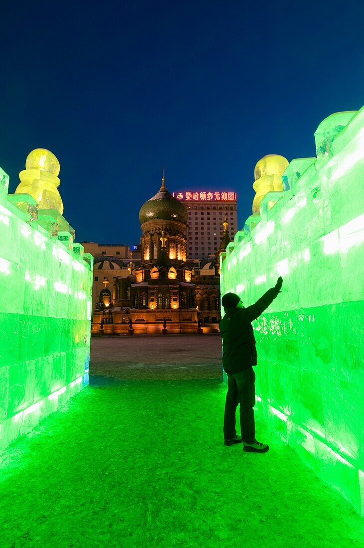 An ice sculpture in front of St Sophia Church at the Snow and Ice Sculpture Festival Harbin, Heilongjiang China