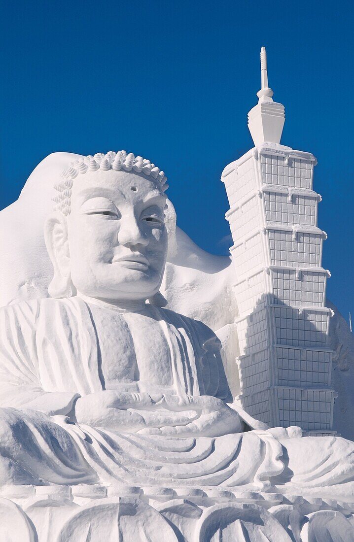 Sculpture of Buddha of Bagua mountain Taiwan at the 57th Sapporo Snow Festival in Hokkaido Japan