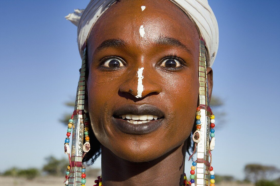 A Wodaabe-Bororo man with his face painted for the annual Gerewol  Diffa  Sahel  Niger