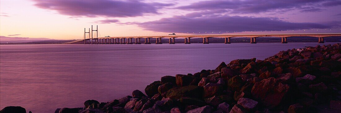 The Second Severn Crossing over the River Severn between England and Wales seen from Severn Beach in Gloucestershire, United Kingdom