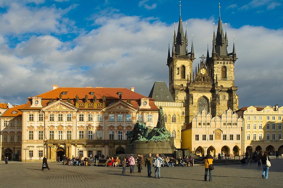 Old Town Square with Kinsky Palace, Jan Hus Monument, and Tyn Cathedral in Prague Czech Republic