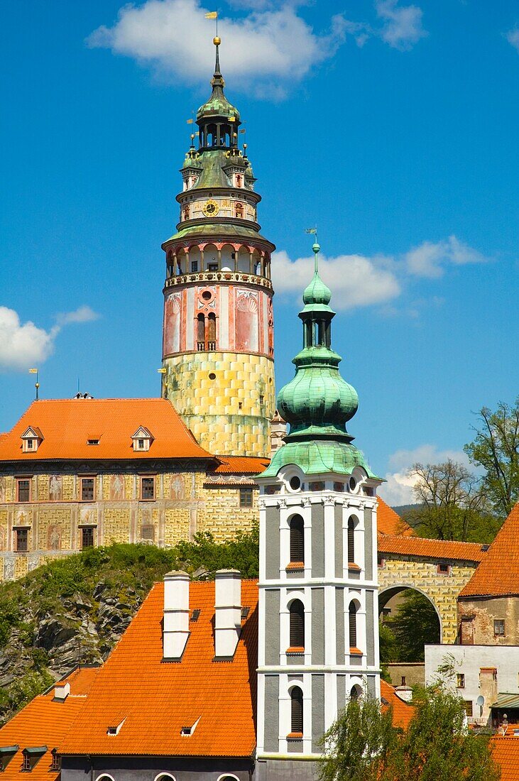 Towers of the castle and church in Cesky Krumlov Czech Republic Europe