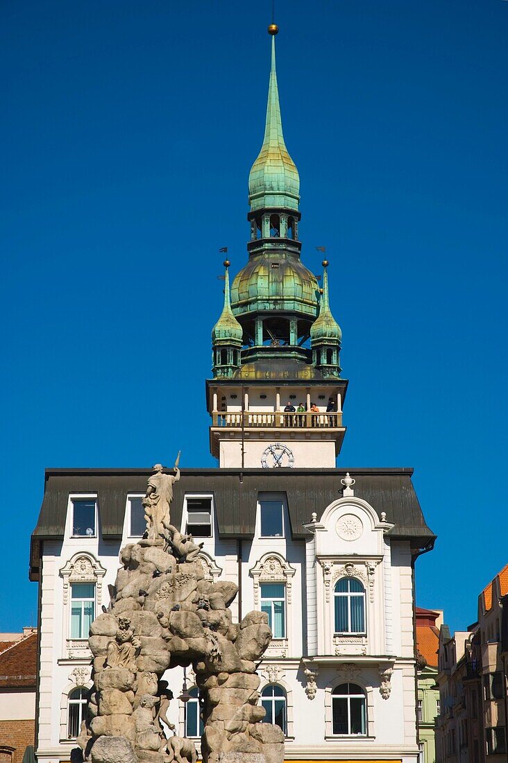 Tower of the Town Hall and Parnassus fountain at Zelny trh square in central Brno Czech Republic Europe