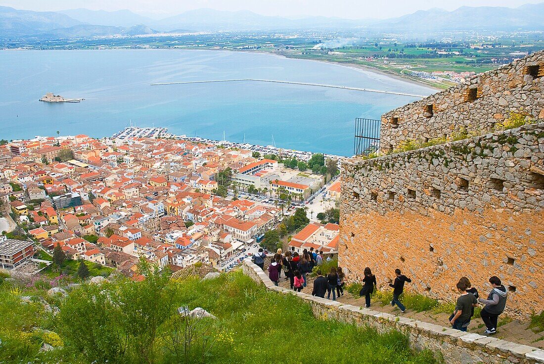 People coming down from Palamidi fortress in Nafplio Peloponnese Greece Europe