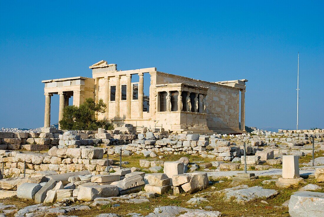 Erechtheion with Caryatids at Acropolis hill in Athens Greece Europe