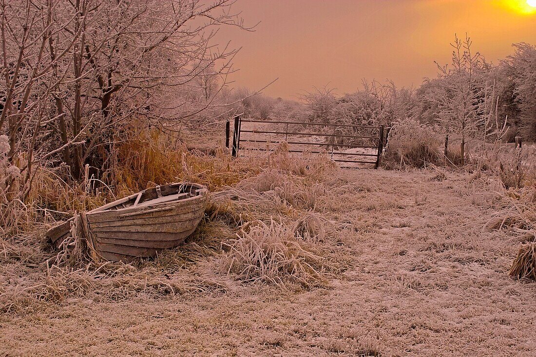 An abandoned boat beginning to rot. Taken during a very hard frost in the month of December.