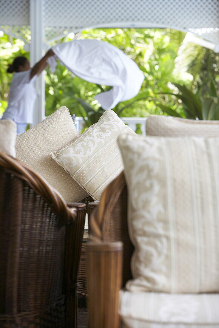 Pillows on the wicker chair, Cousine Island Ressort, Seychelles