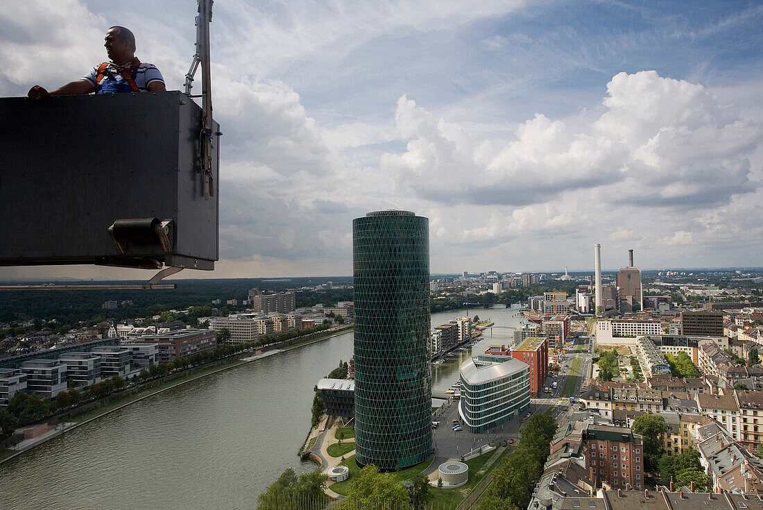 View above the new Westhafen with Westhafen Tower, Frankfurt am Main, Hesse, Germany