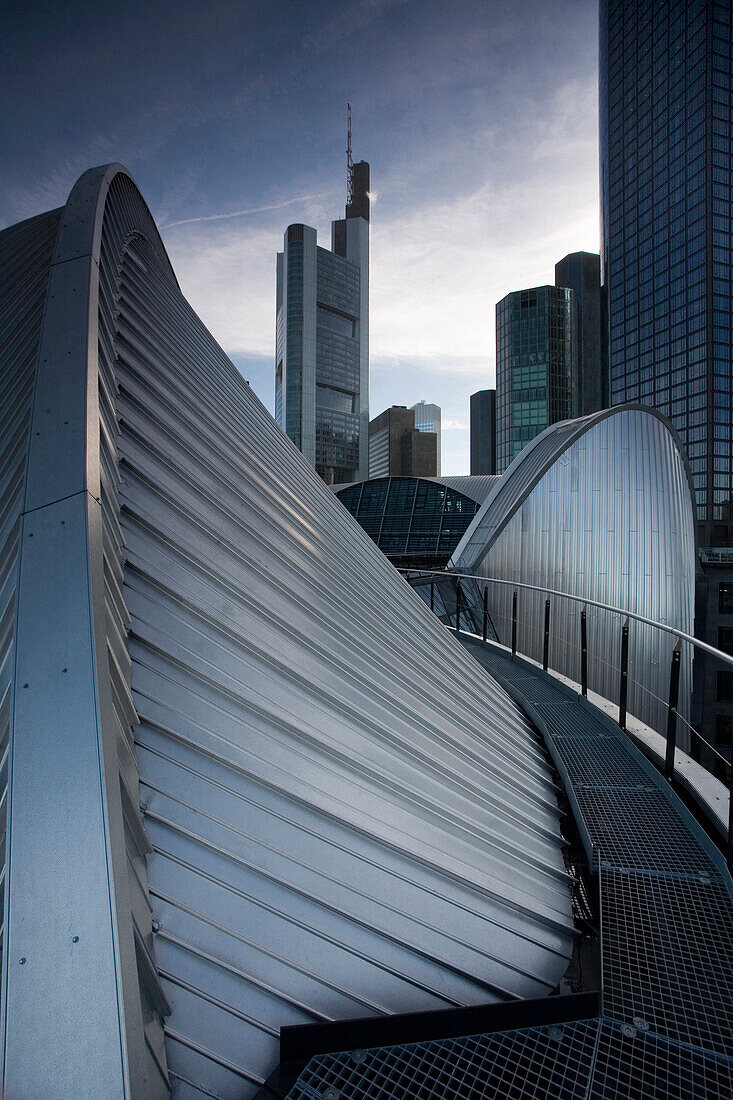 Roof of Junghof with high rise building and Maintower, Frankfurt am Main, Hesse, Germany