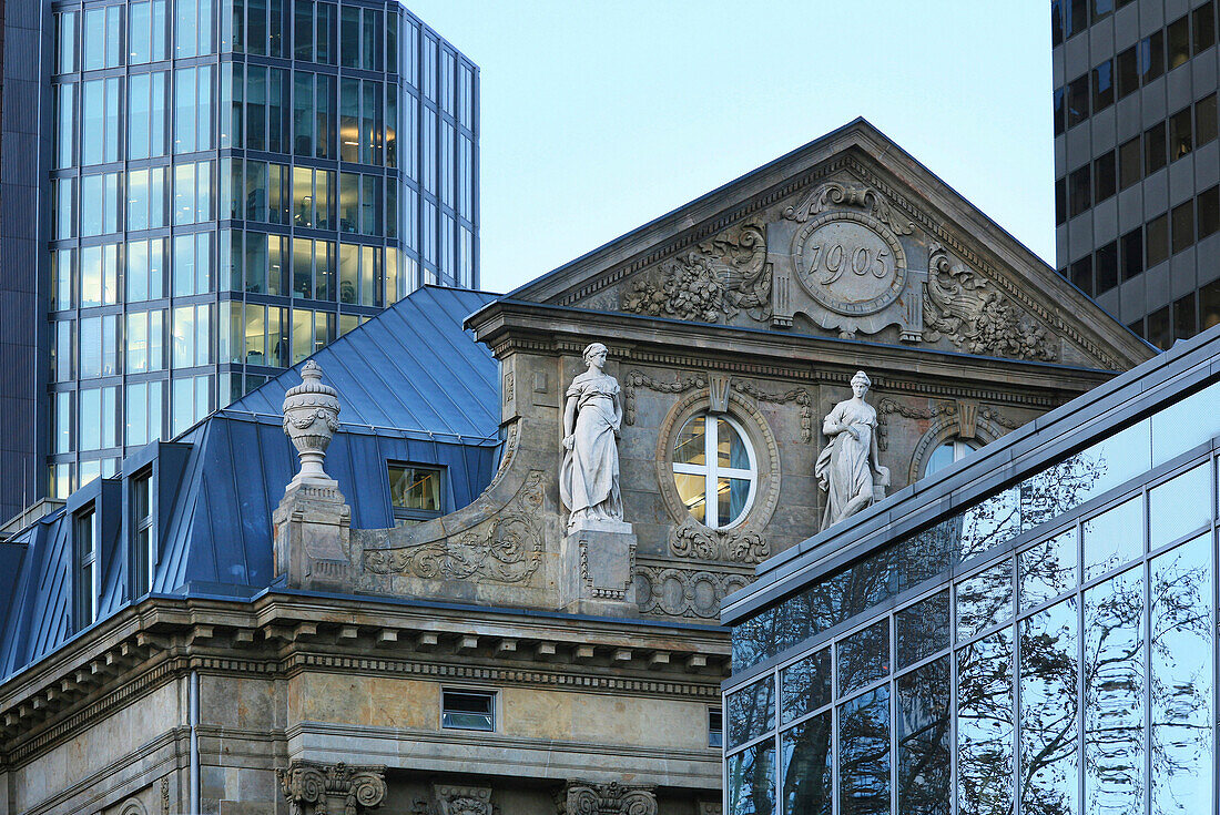 Building in wilhelminian style and high rise Building, bank quarter, Frankfurt am Main, Hesse, Germany