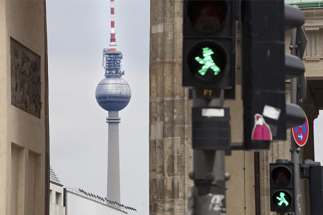 View through Brandenburg gate to television tower, Berlin, Germany