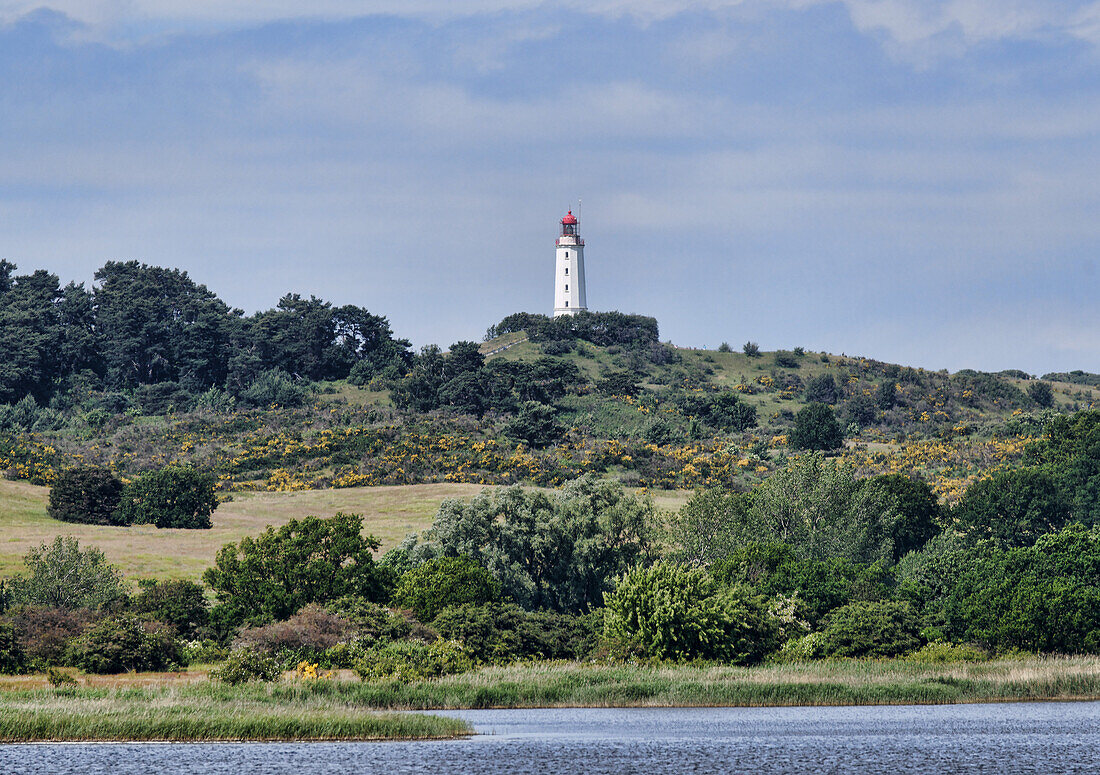 Blick über Vitter Bodden zum Leuchtturm Dornbusch, Hiddensee, Mecklenburg-Vorpommern, Deutschland, Europa