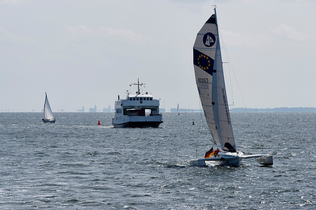 Catamaran and ferry at Schaproder Bodden and view to Stralsund, Mecklenburg-Western Pomerania, Germany, Europe, Europe, Europe