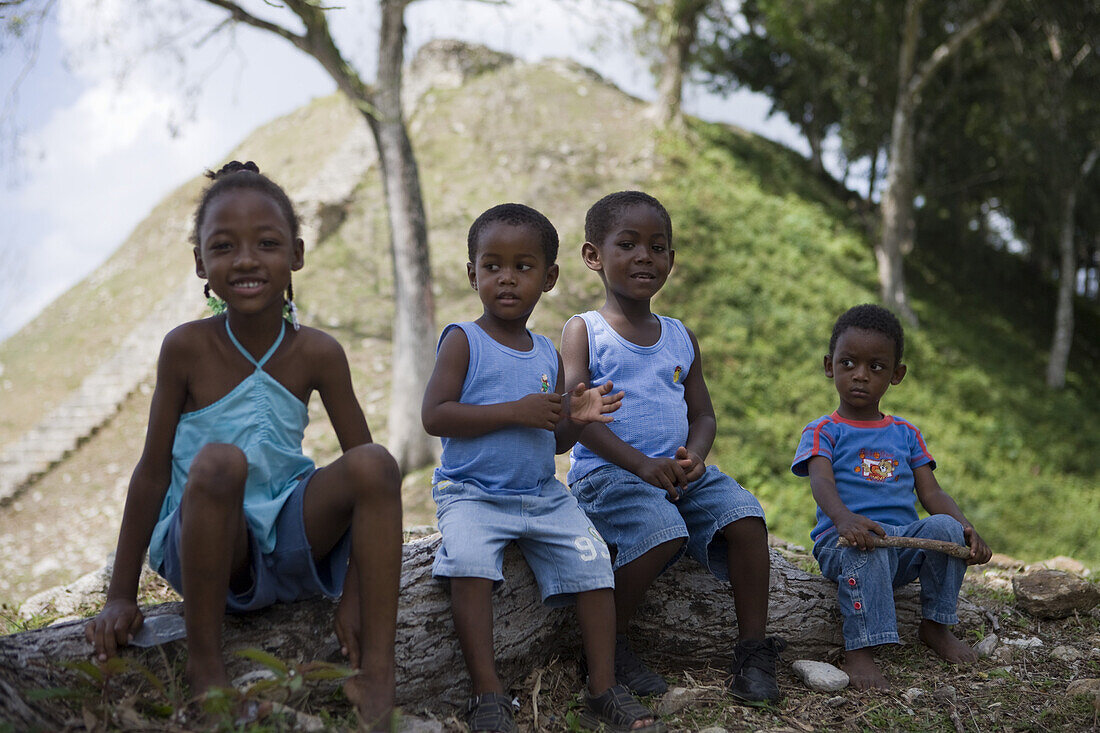 Children at ancient Mayan ruins, Altun Ha, Belize