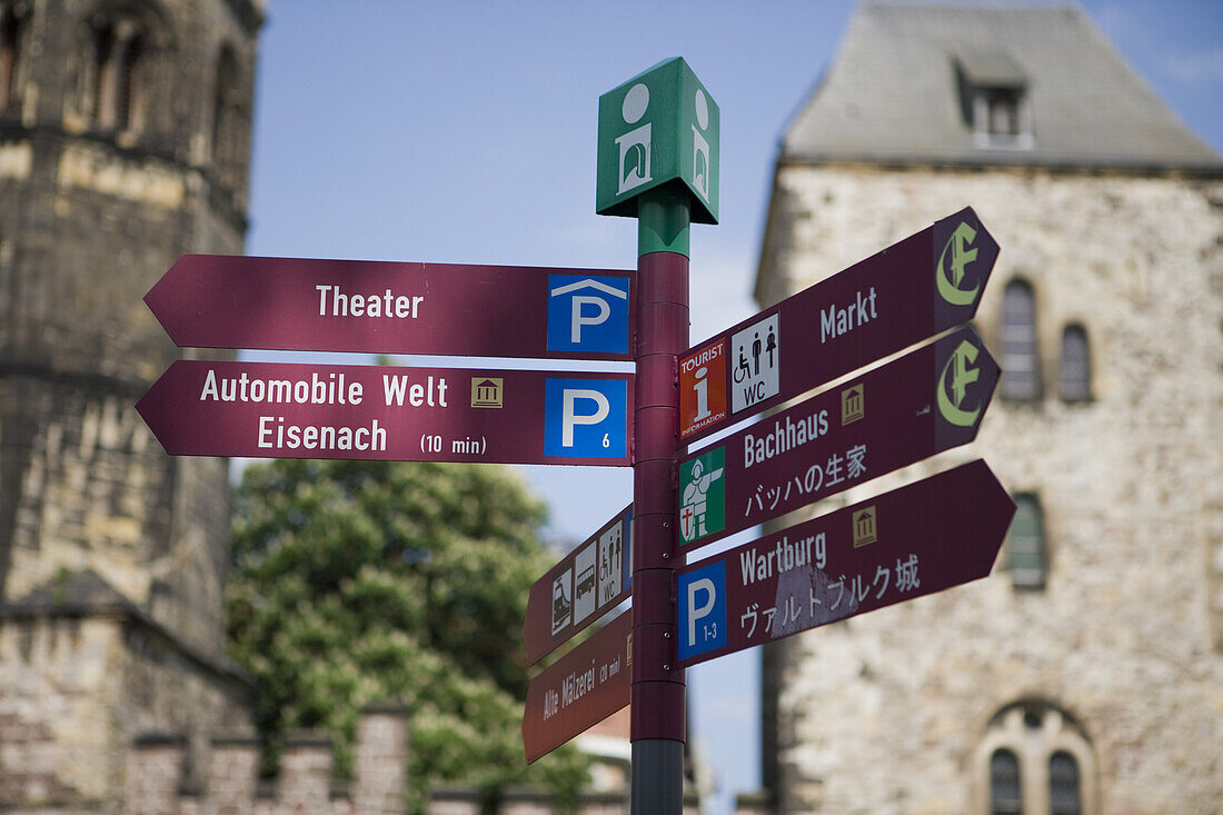 Tourist information signs in German and Japanese language at Karlsplatz square, Eisenach, Thuringia, Germany, Europe