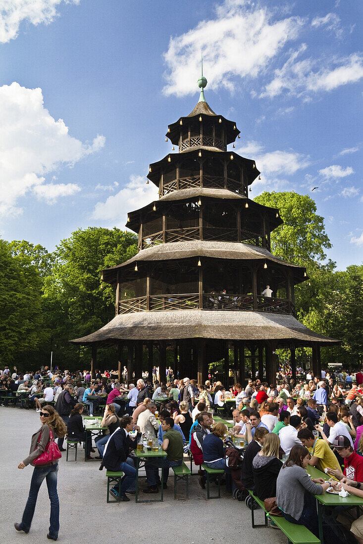 Beergarden at Chinese Tower, English Garden, Munich, Upper Bavaria, Germany