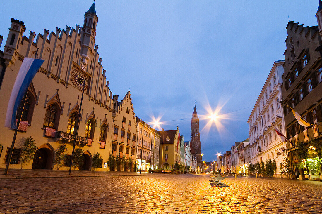 Town hall in Old Town, St. Martin's Church in the background, Landshut, Bavaria, Germany