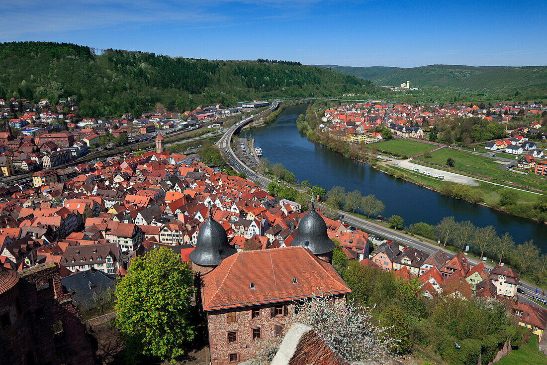 Blick von der Burg über die Altstadt und den Main, Wertheim, Main, Odenwald, Spessart, Baden-Württemberg, Deutschland