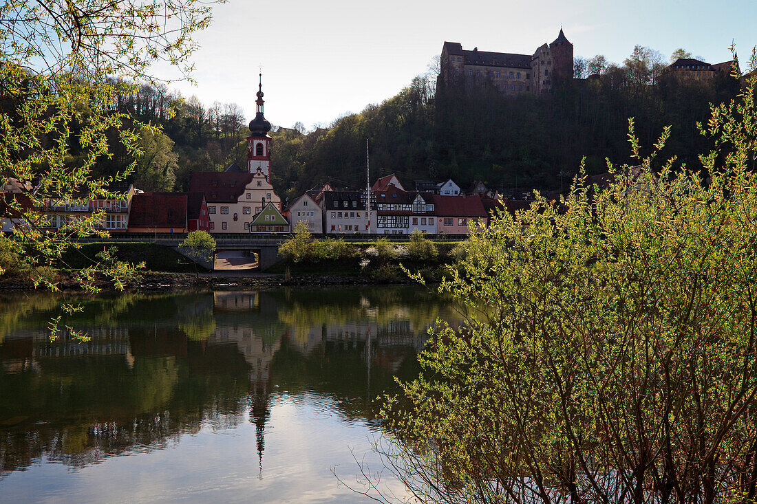 View over Main river to the castle, Rothenfels, Main river, Odenwald, Spessart, Franconia, Bavaria, Germany