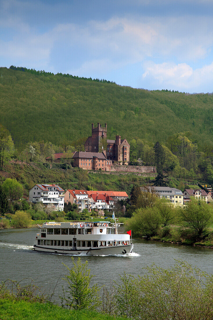 Ausflugsschiff auf dem Neckar, Blick zur Mittelburg, Neckarsteinach, Neckar, Baden-Württemberg, Deutschland