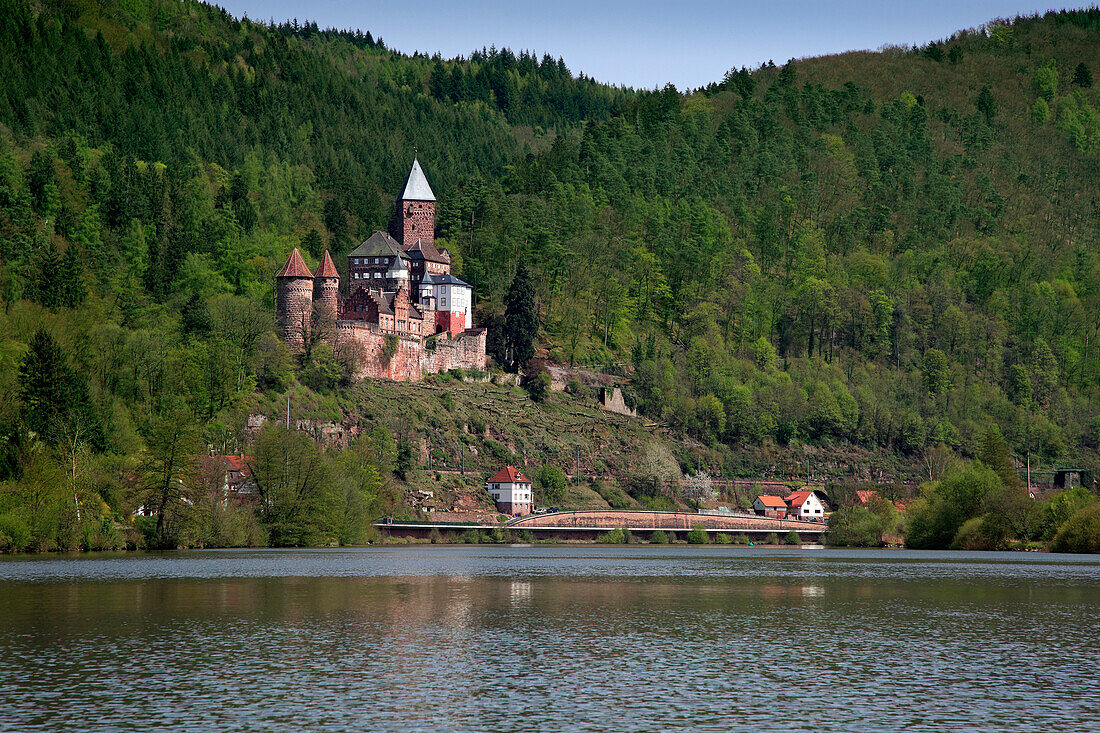 View over Neckar river to Zwingenberg castle, Neckar, Baden-Württemberg, Germany