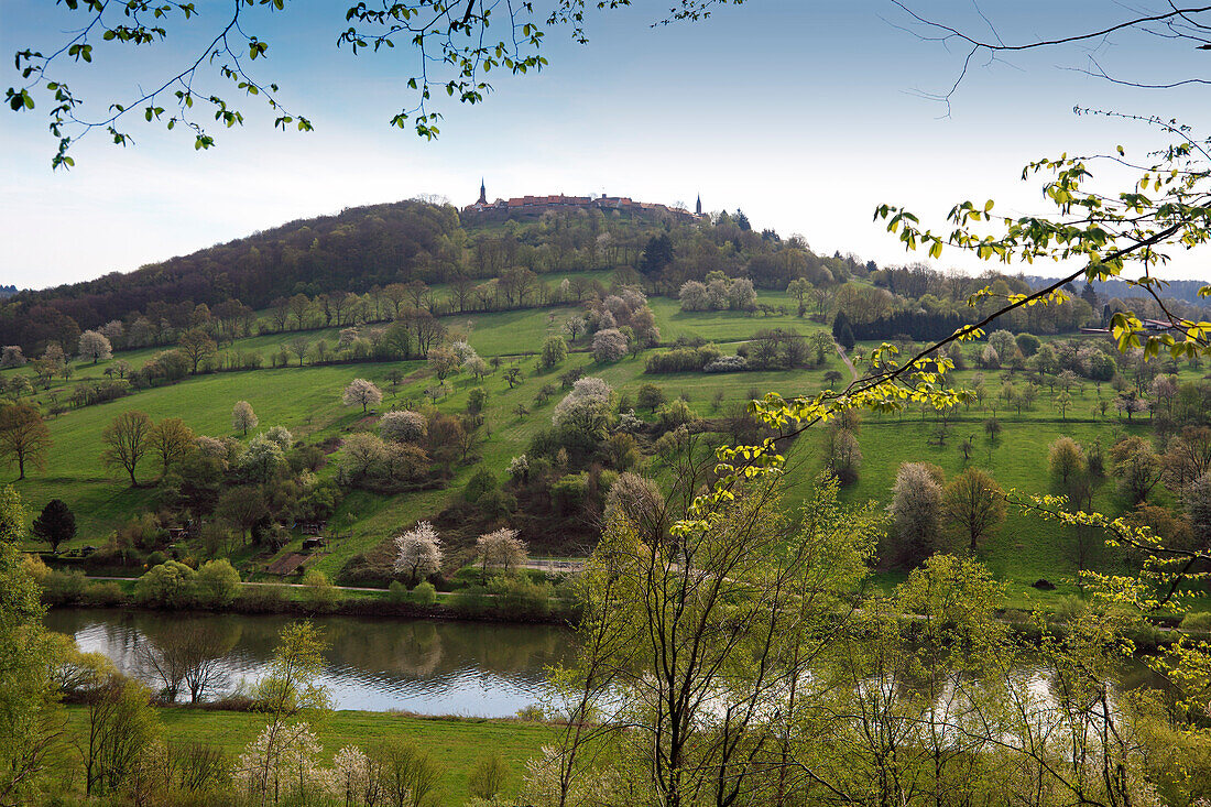 View over Neckar river to Dilsberg, Neckar, Baden-Württemberg, Germany