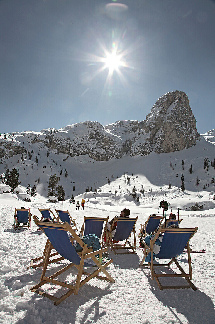 Sunloungers near ski slope, Alta Badia, Dolomites, Trentino-Alto Adige/Südtirol, Italy