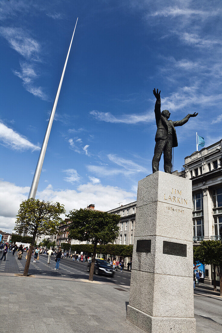 Statue of Jim Larkin and the Spire, O'Connell Street, Dublin, County Dublin, Ireland