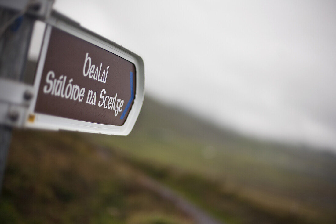 Gaelic writing on the road sign, Valentia Island, Iveragh Peninsula, Ring of Kerry, County Kerry, Ireland