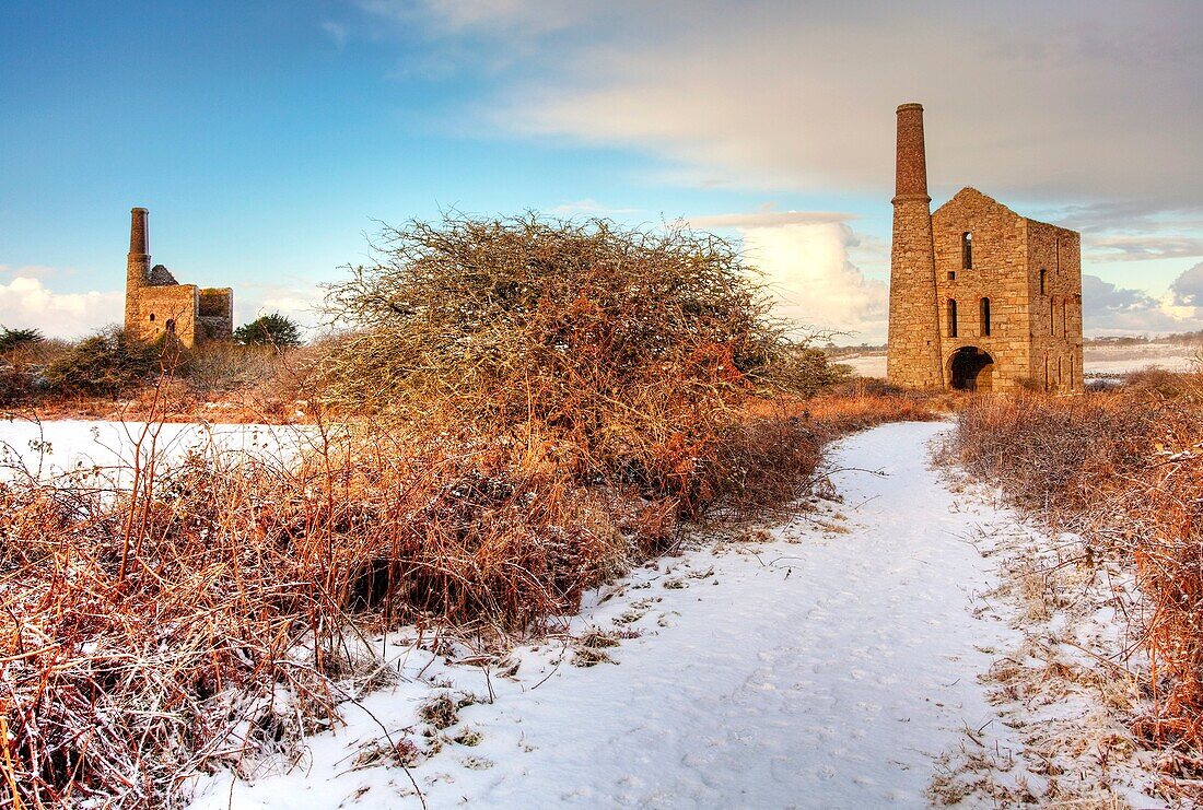 Pascoes Engine House in the snow, Great Flat Load, Cornwall England