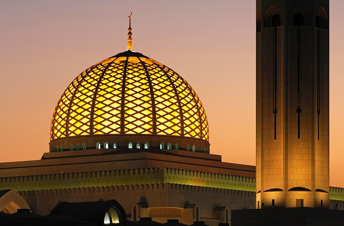 Illuminated dome of the Sultan Qaboos Grand Mosque, Muscat, Sultanate of Oman