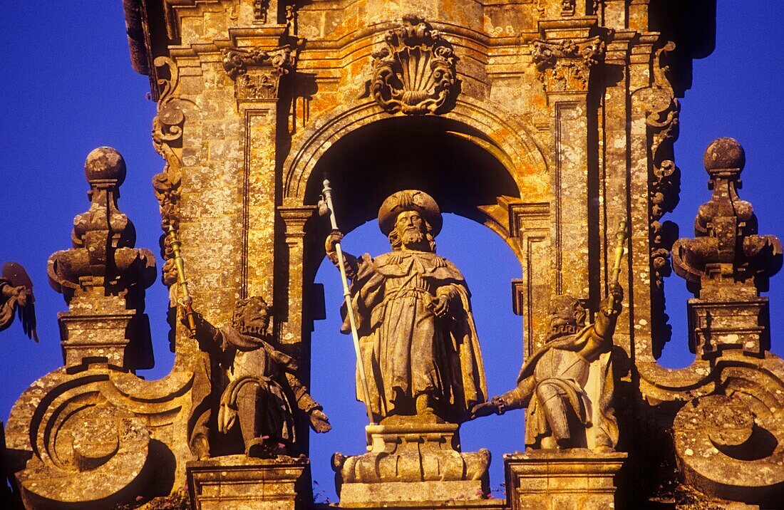 sculpture of St  James the Apostle, in Santiago Cathedral  Detail of main facade by Casas Novoa 1740  Santiago de Compostela Coruña province Spain  Camino de Santiago