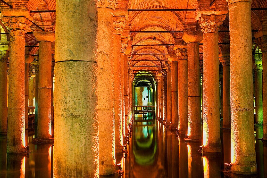 Yerebatan Cistern Museum  Byzantine cisterns, was built by Justinian in 532AD  It is supported by 336 columns and once held over 80,000 cubic metres of water  Istanbul  Turkey