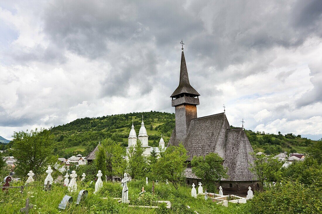 The wooden church biserica de lemn of Botiza, maramures, Romania is listed as the UNESCO World heritage  It was built in 1694 completely from wood and is an example of the traditional crafts in maramures  Europe, Eastern Europe, Romania, Maramures, Jun