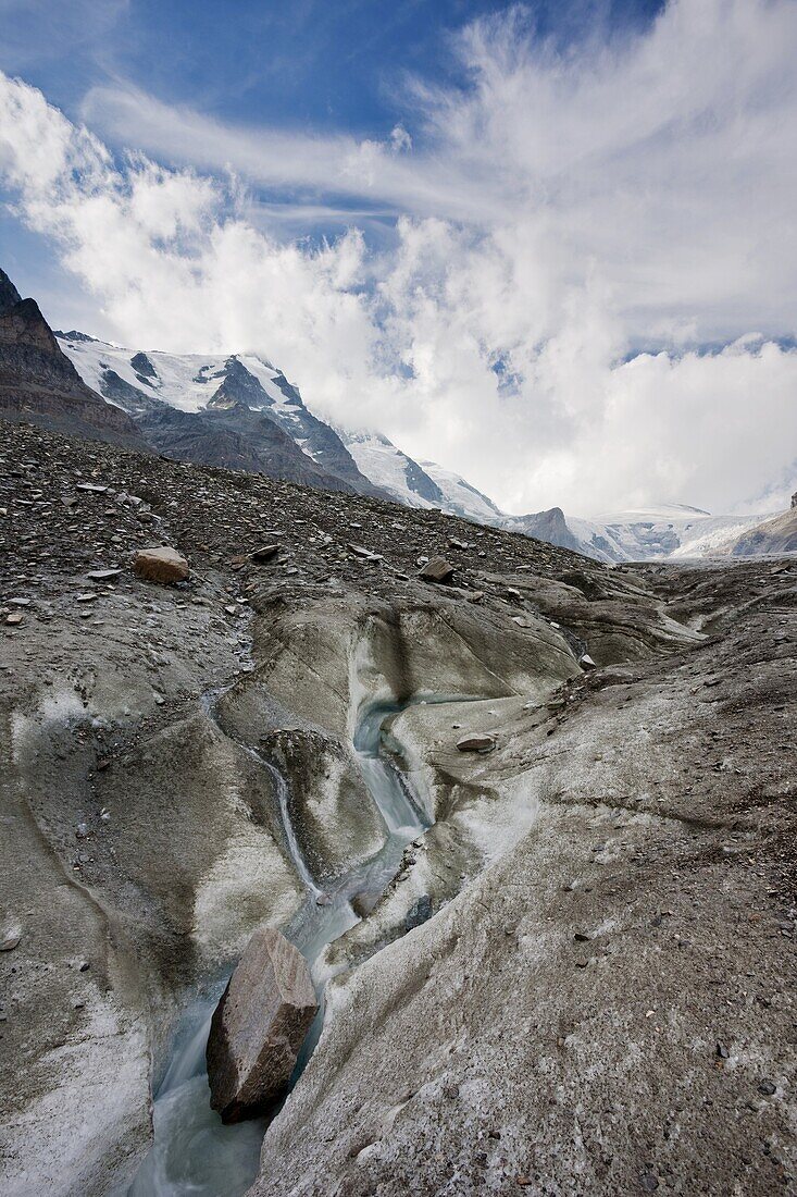 meltwater channel and creek on the surface of glacier Pasterze near Grossglockner  Meltwater and rain water form a drainage pattern on the surface of the glacier   Europe, central europe, Austria, October 2009
