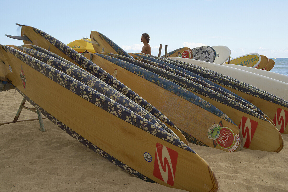 Surfboards at Waikiki Beach, Honolulu, Oahu, Island, Hawaii, USA, America