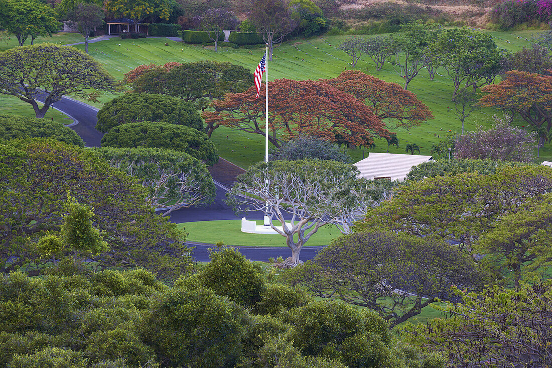 Fahnenstange und Bäume auf dem National Memorial Cemetery of the Pacific, Honolulu, Oahu, Hawaii, USA, Amerika