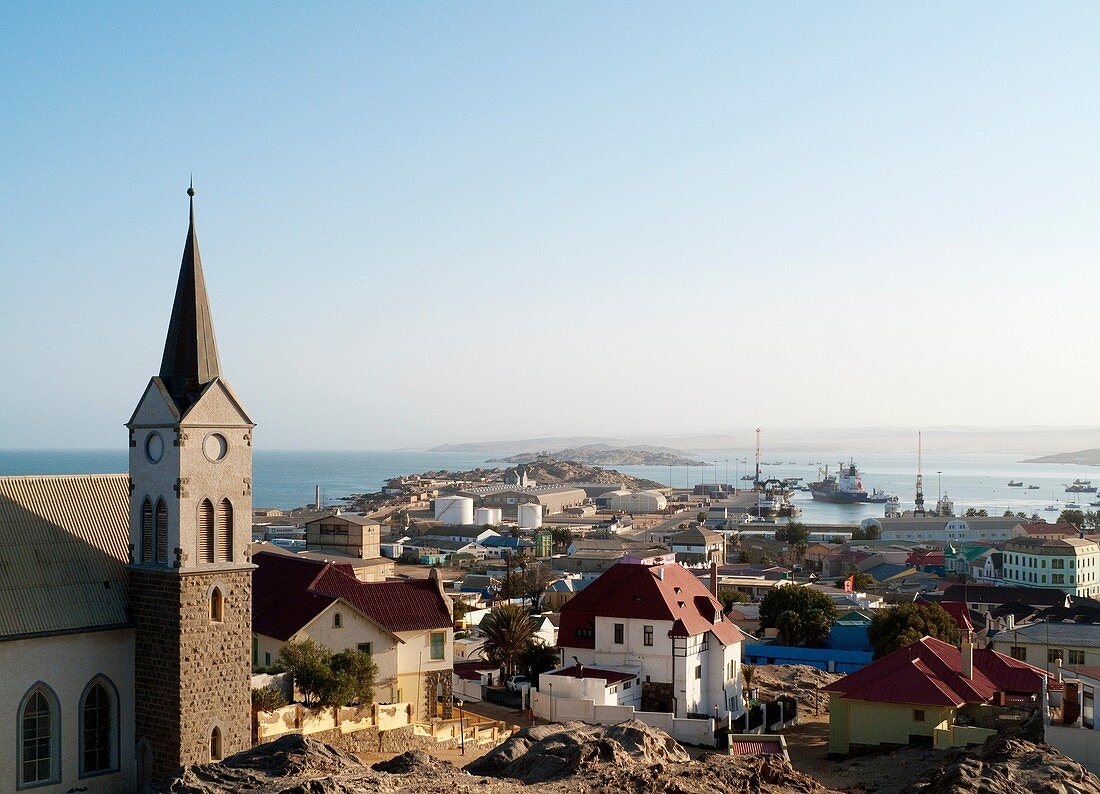 Namibia - The town and the bay of Lüderitz On the left its prominent landmark, the Evangelical Lutheran Church Felsenkirche, consegrated in 1912