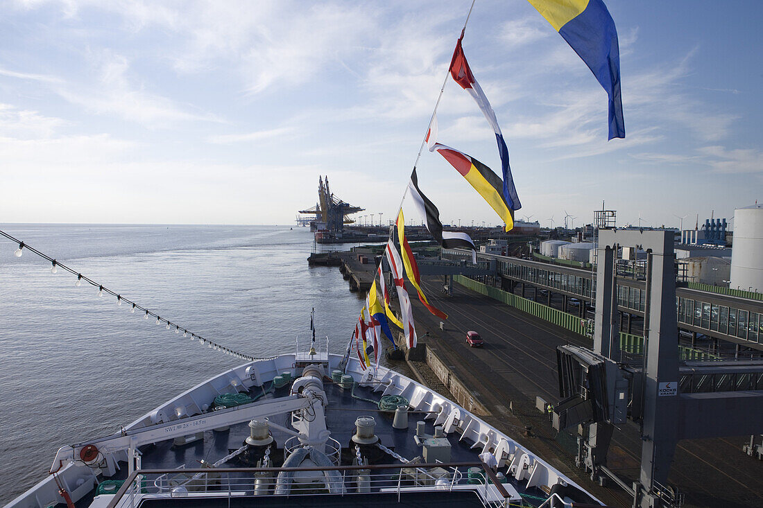 Bow of Cruiseship MS Astor as it departs Port, Bremerhaven, Bremen, Germany, Europe