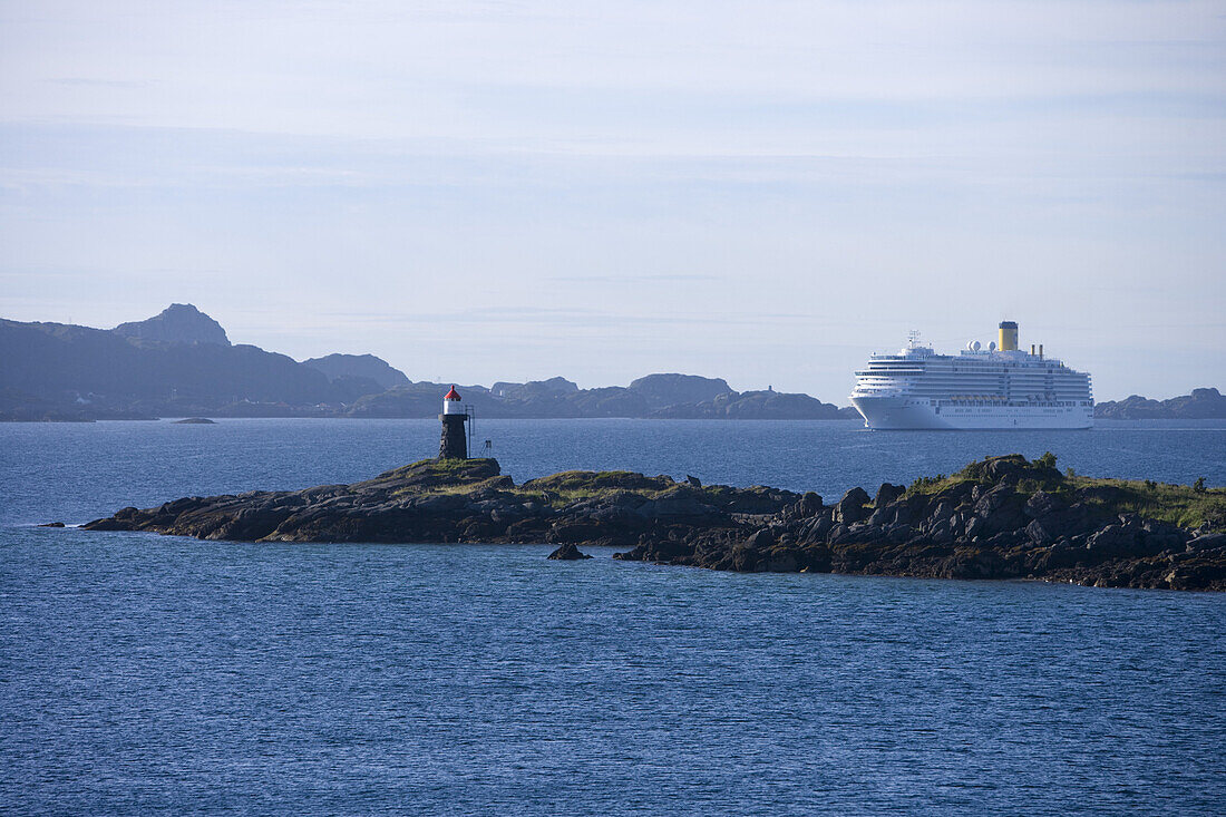 Cruiseship Costa Luminosa approaches Harbor, Leknes, Lofoten, Nordland, Norway, Europe