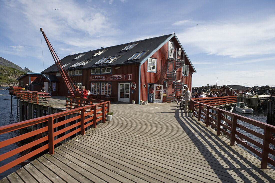 A Rorbuer and Brygga Restaurant on Pier, A, Moskenesoy, Lofoten, Nordland, Norway, Europe