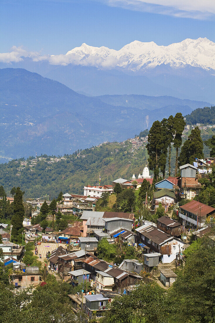 View of Darjeeling and Kanchenjunga, Kangchendzonga range from Merry Resorts, Darjeeling, West Bengal, India