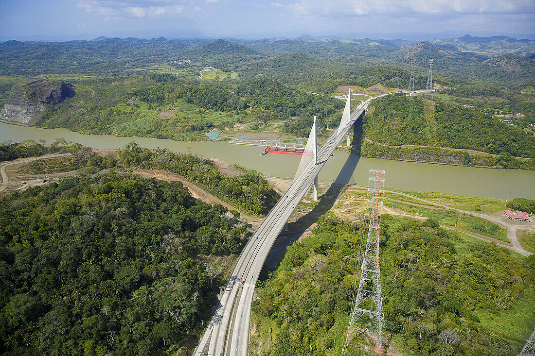 Centenario Bridge  Puente Centenario) and the Panama Canal with view of work in progress on expansion of the canal to build a third set of locks, Panama City, Panama