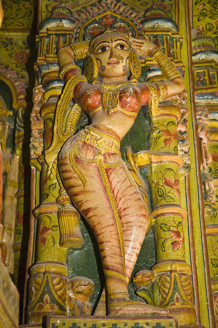 Colourful painted statue on interior wall, Bhandasar Jain Temple, Bikaner, Rajasthan, India