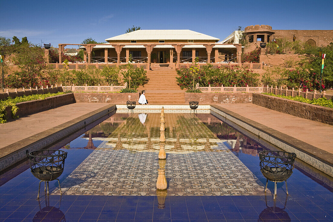 Ornamental pond at Osian Camel Camp, Osian, Rajasthan, India