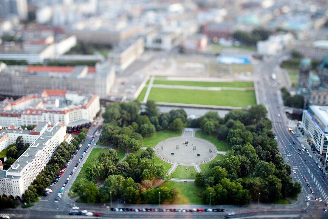 Aerial view from the TV Tower of the Marx-Engels-Forum park, Berlin, Germany  Tilted lens used for a shallower depth of field and to create, combined with the aerial view, a miniaturization effect