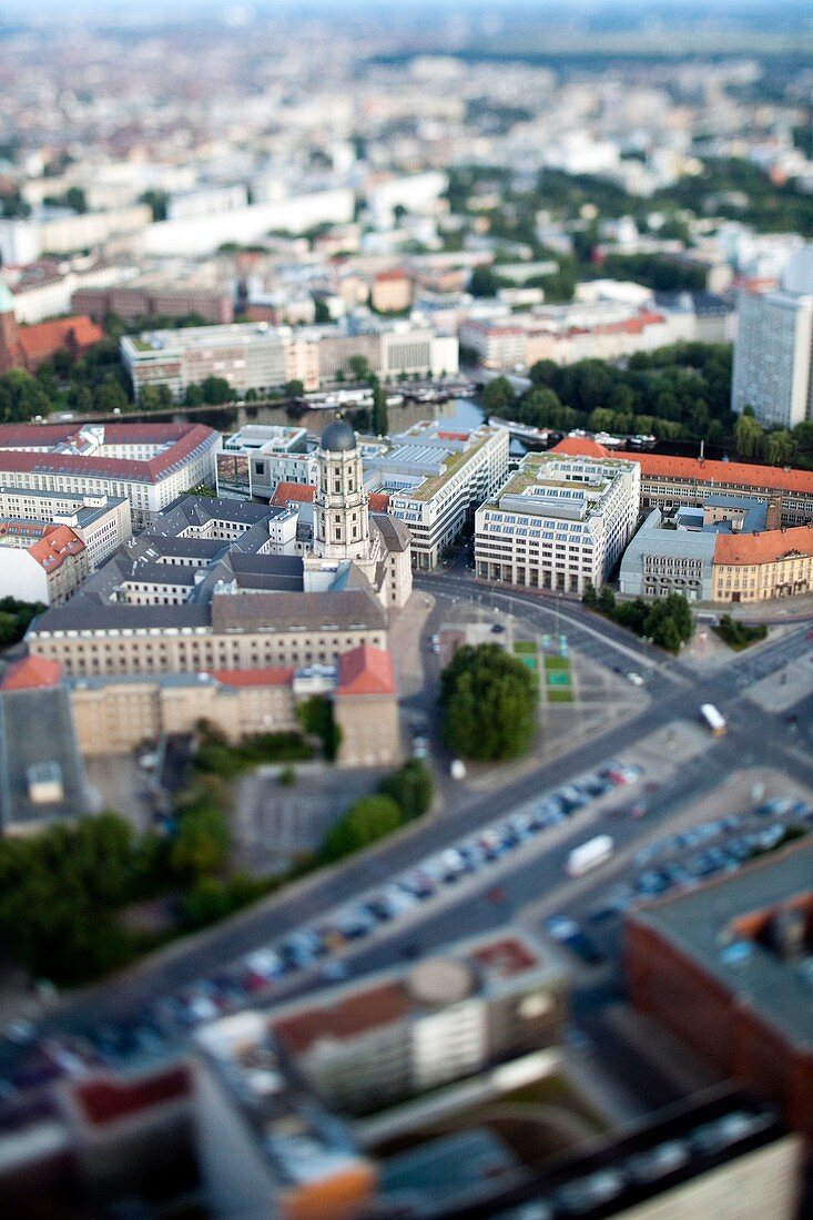 Aerial view from the TV Tower of Judenstrasse and the Altes Stadthaus focus, Berlin, Germany  Tilted lens used for a shallower depth of field and to create, combined with the aerial view, a miniaturization effect
